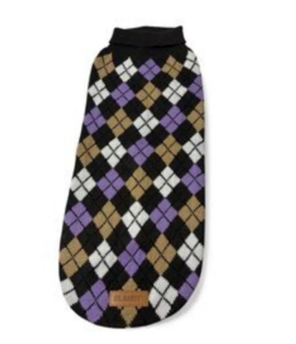 Dr Marty Knited Dog Argyle Sweater in Black, Purple, Tan & White Size Large